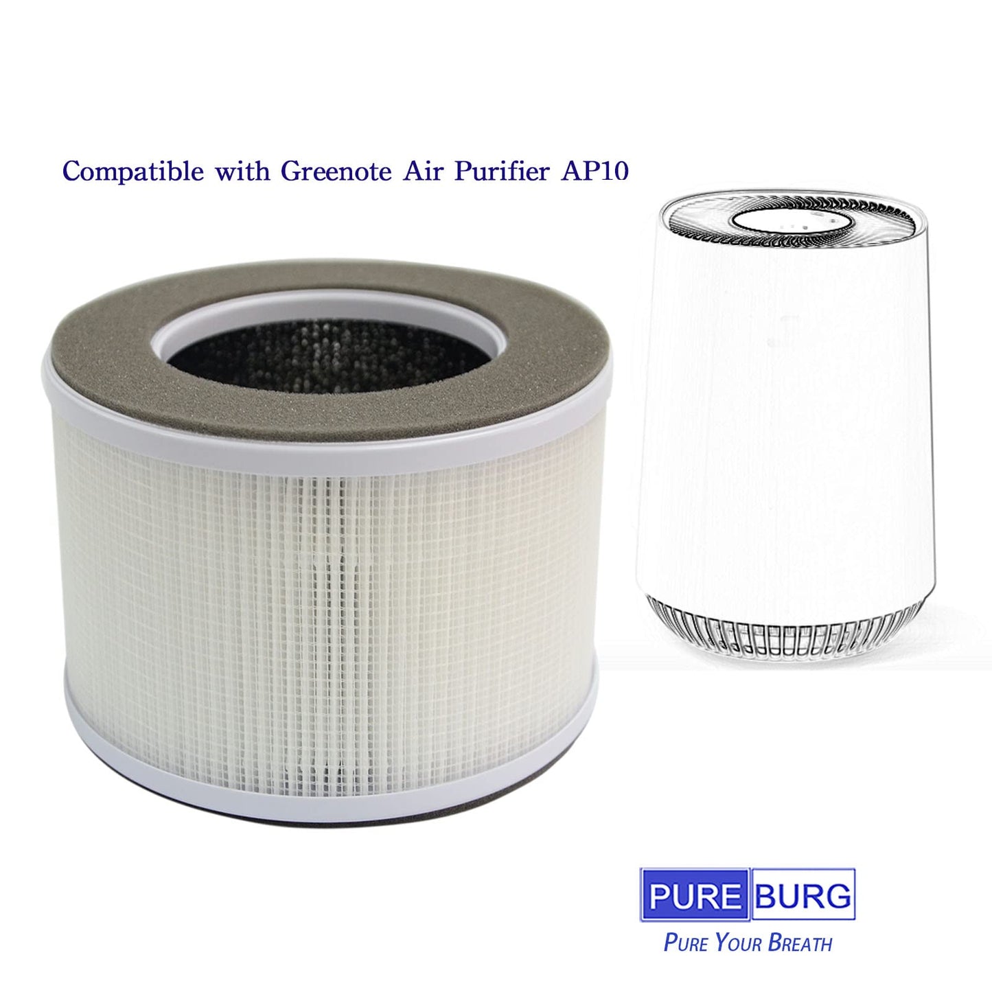 PUREBURG Replacement Filter Compatible with Greenote AP10 Air Purifier Parts AP10-F3, H13 True HEPA and Activated Carbon Multi-Layer Filtration, Pack of 2