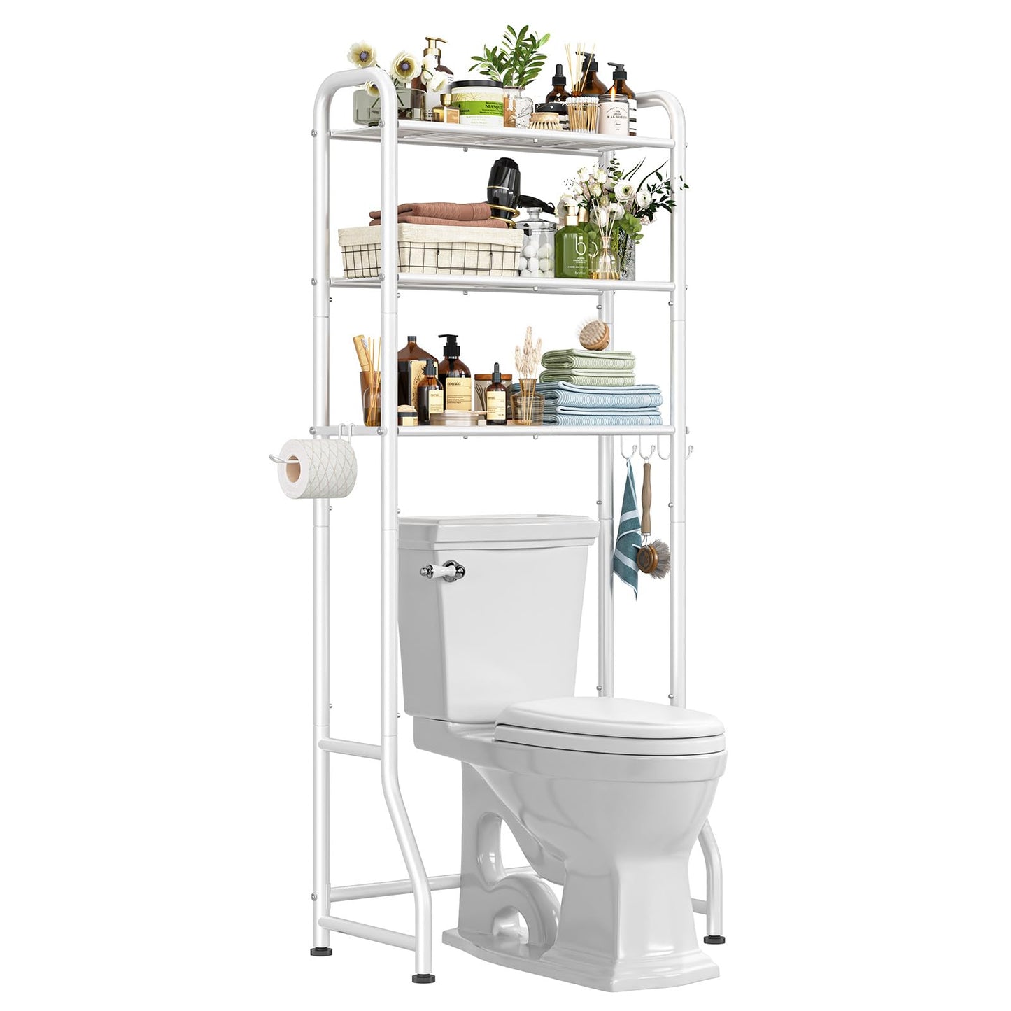 Simple Trending Over The Toilet Storage Rack, Metal 3 Tier Bathroom Organizer Shelf with Paper Holder and 3 Hooks, Freestanding Shelf Space Saver Above Toilet, White