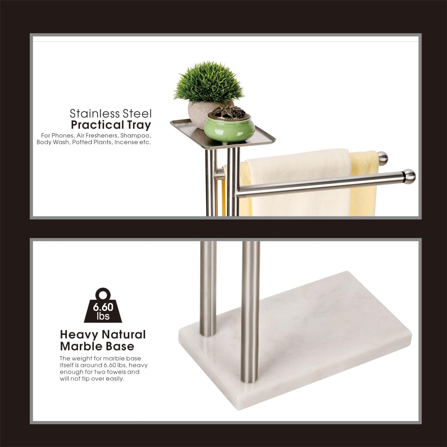 Songtec Towel Rack Stand for Bathroom, 2-Tier Freestanding Towel Holder for Bath Towels, Practical Shelf on Top, Heavy Duty Bathroom Accessories, No Drilling Required