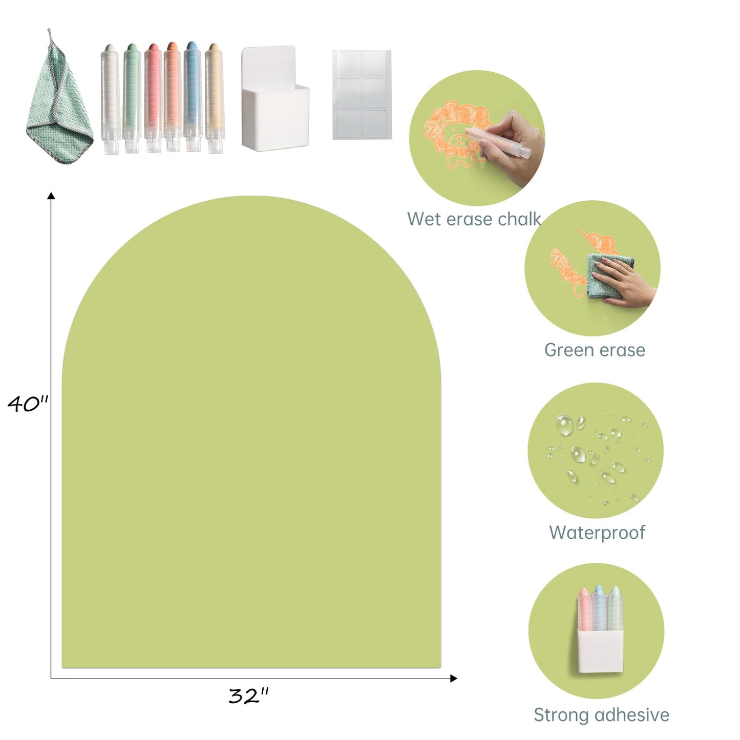 Magnetic Chalkboard Wall Decal 40"x32" - Premium Adhesive, Includes Chalk Holder & 6 Dust-Free Chalks, Peel and Stick Whiteboard for Playroom, Office, Bedroom, Exclusive Green