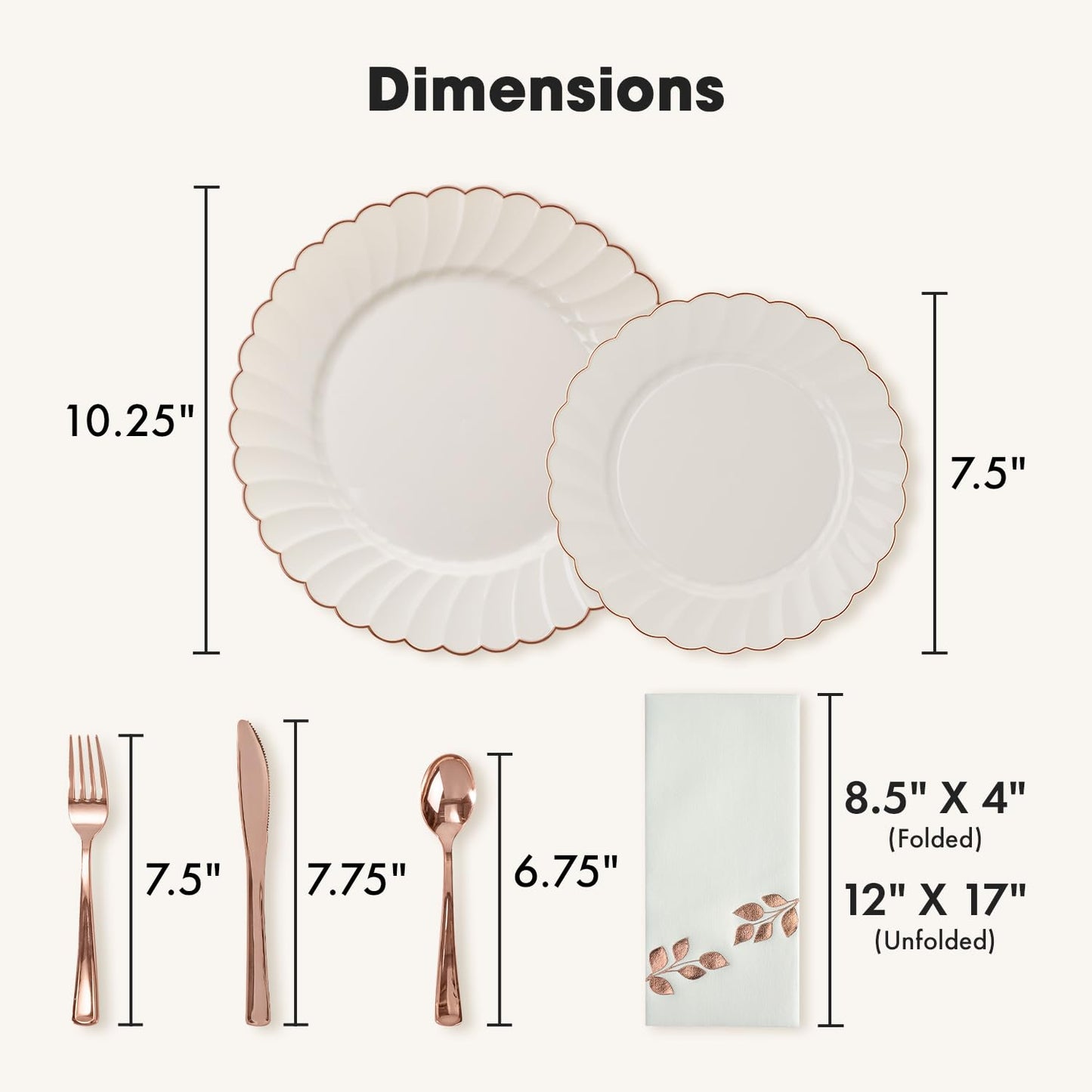 By Madee HEAVYWEIGHT 175 Pc Fancy Disposable Dinnerware Set | Ivory Rose Gold Scalloped Plates and Napkins, Cutlery Elegant Disposable Plates Set for Wedding, Bridal Shower, Baby Shower (25 Guests)