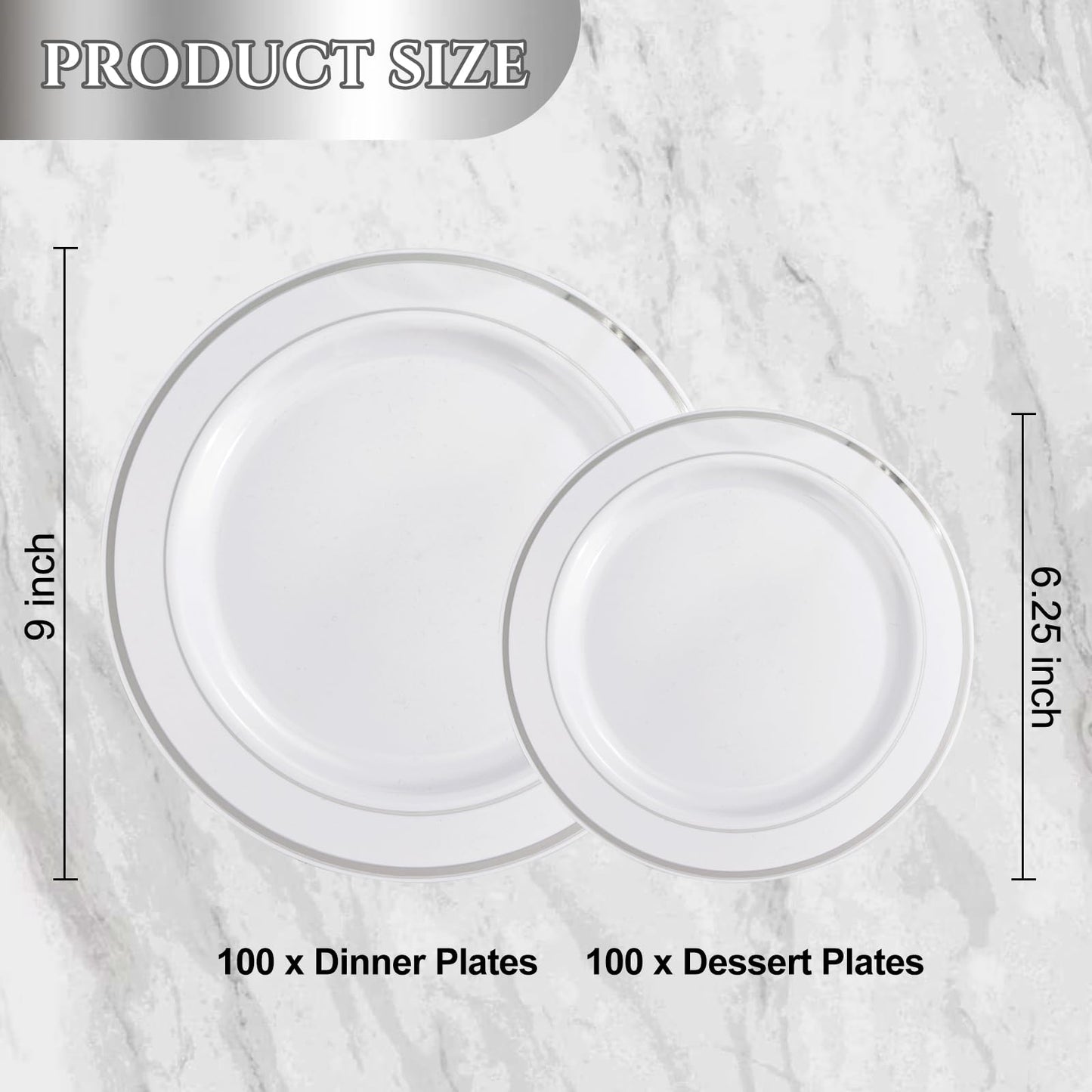 NOCCUR 200PCS Silver Plastic Plates Disposable for 100 Guests - Include 100 Dinner / 100 Dessert Plates Heavy Duty - Ideal for Party/Wedding/New Year
