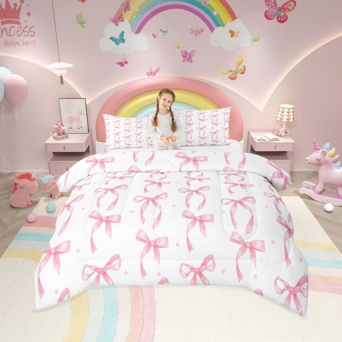 Erosebridal Girls Pink Bow Full Comforter Set,Bowknot Princess Bedding Set for Kids Girls Room Decor,Cute Pink Bows Quilt Set Aesthetic Ribbon Bow Tie Bed Comforter Sets,2 Pillowcases