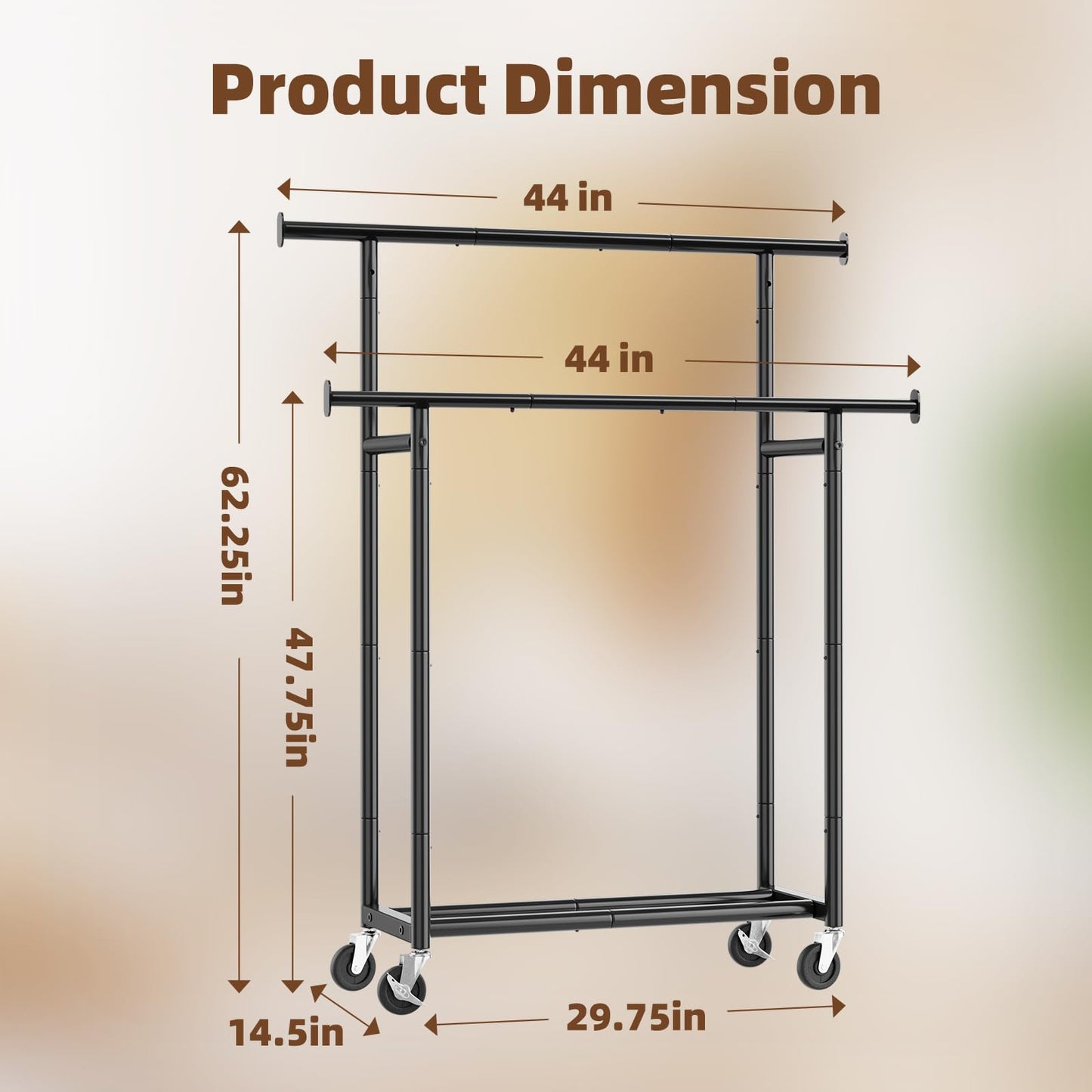 Simple Trending Clothes Rack, Double Rods Clothing Rack for Hanging Clothes, Metal Garment Rack with Rolling Wheels, Portable Wardrobe Closet Rack for Coat, Bedroom, Laundry, Black