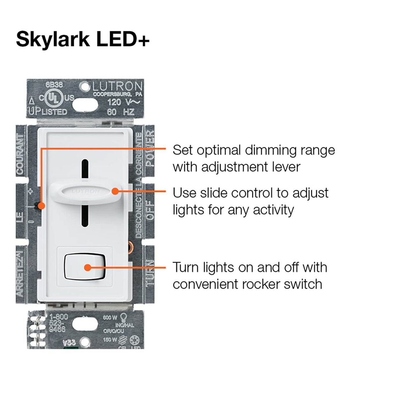 Lutron Skylark LED+ Dimmer Switch for Dimmable LED, Lutron Dimmer Switch For Halogen and Incandescent Bulbs, 150W/Single-Pole or 3-Way, SCL-153P-WH, White