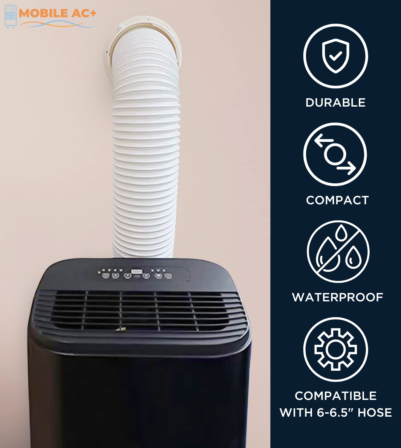 Mobile AC+ Dual Size Wall Mount Connector for Portable Air Conditioner Exhaust Hose Vent, 6 and 6.5 Inches Hose Compatible, White, Off Season Cover Plug Included, Omni-Directional