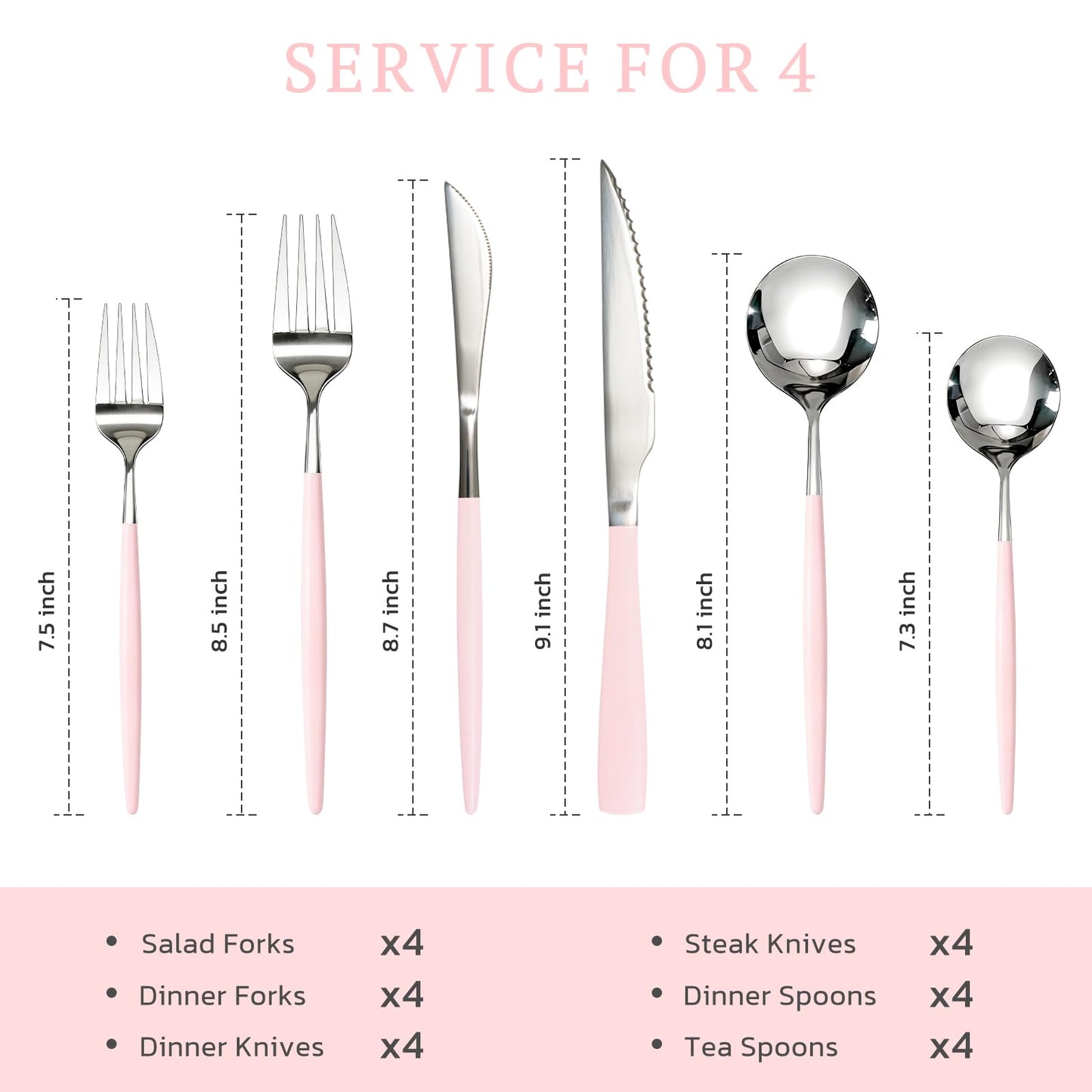 Astercook Silverware Set with Steak Knives 24-Piece Flatware Set for 4 Food-Grade Stainless Steel Pink Cutlery Set Mirror Polished Utensils Set Include Spoons and Forks for Home Kitchen Restaurant