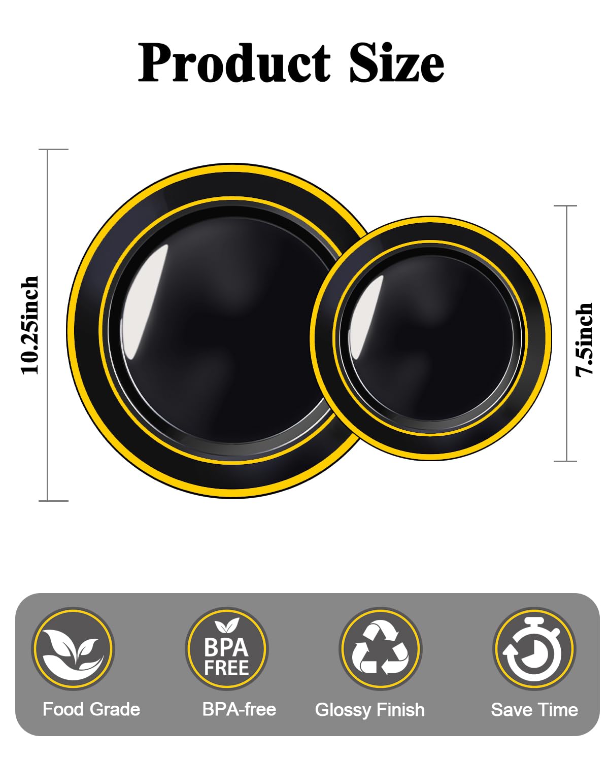 BESTSTAR 200PCS Black Plastic Plates Set with Gold Rim, 100 10.25 inch Dinner Plates and 100 7.5 inch Dessert Plates, Premium Disposable Plates forfor Party, Wedding, Holiday