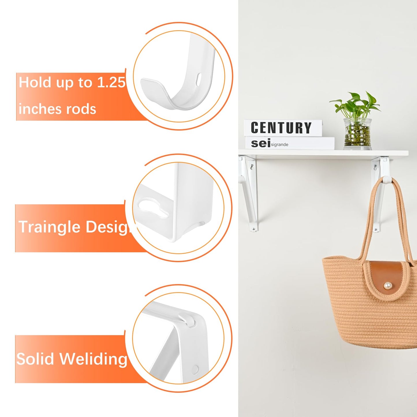 KOVOSCH 10 Pack Heavy Duty Closet Shelf & Rod Brackets, Wall Mounted Closet Shelf Brackets, 11 x 9.45 Inch Closet Shelf Brackets with Rod Support, White
