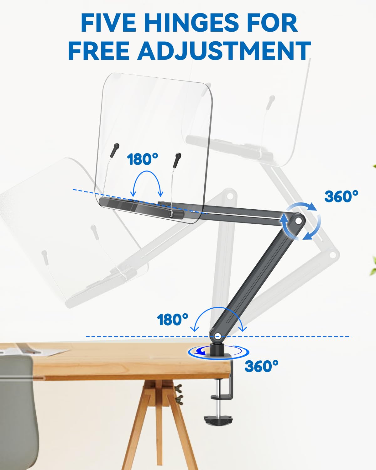 YCNEW Desk Clamp Acrylic Book Stand for Reading, Ergonomic Design Adjustable Height up to 20 inches with Rotating Bases Cookbook Stand, Suitable for Recipe, Sheet Music, Tablet(Gray)