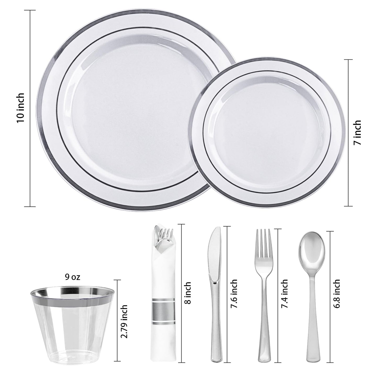 realluck 350 PCS White and Silver Plastic Dinnerware Set for 50 Guests, 100 Disposable Plates for Party, 50 Pre Rolled Napkins with Silver Silverware, 50 Cups