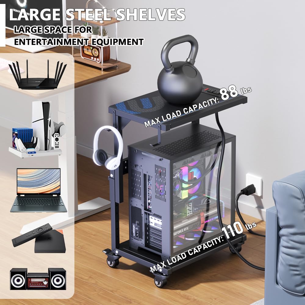 ZUAVIALA Computer Tower Stand with Power Outlet, 6 Level Height Ajustable PC Tower Stand for Floor, Mobile Rolling CPU Holder Cart for Gaming, Office, Home, 21.34"-28.3", Black
