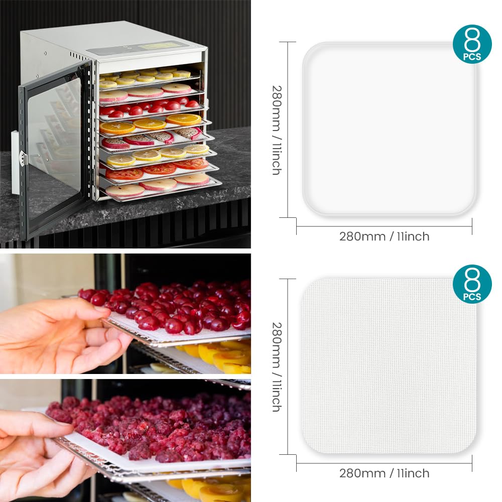 8 Pcs Silicone Food Dehydrator-Trays with Edge, 8 Pcs Mesh Dryer Mats,Reusable Non Stick Silicone Dehydrator Sheets (11x 11in) for Liquids,Fruit Leather,Herbs,Meat and Yogurt