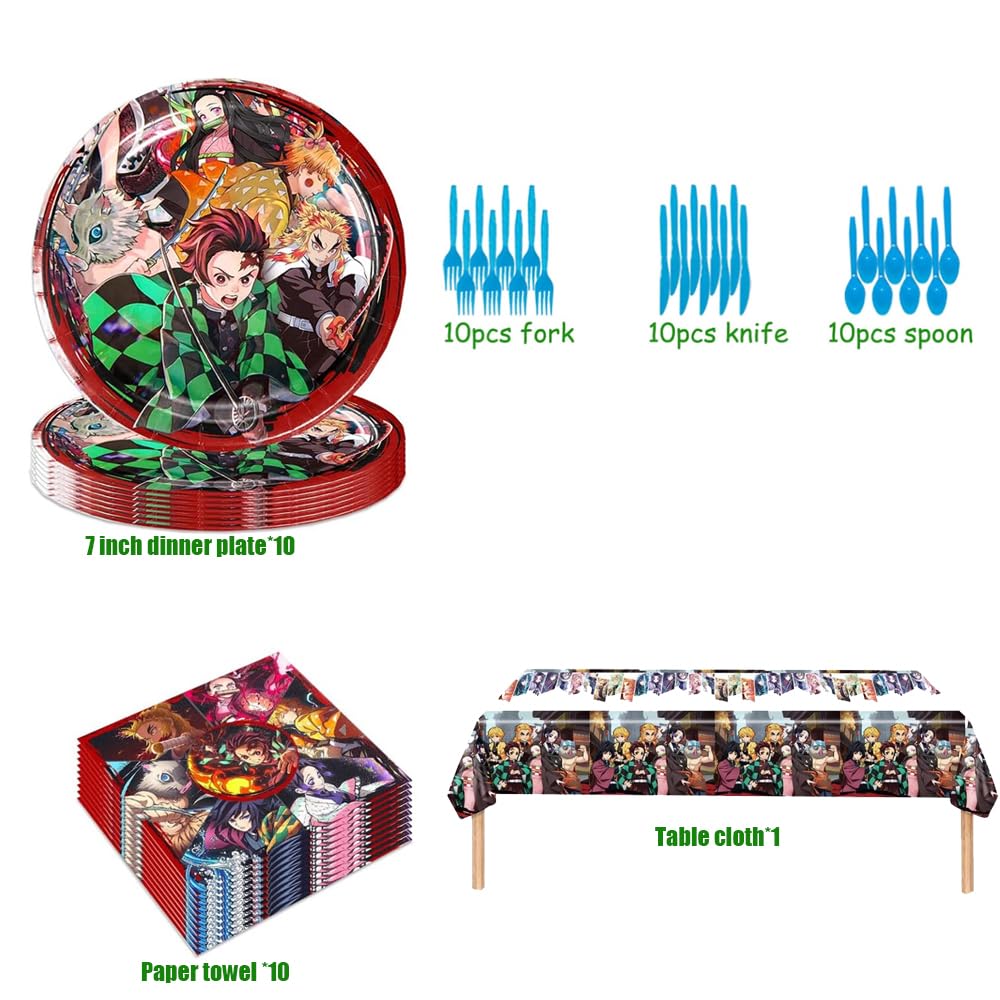 demon birthday party decorations，Anime theme party supplies,Including banners, balloons, tablecloths, dinner plates, etc.