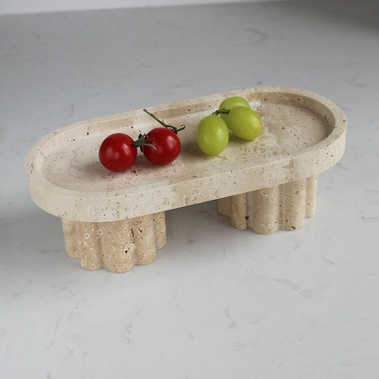 Natural Travertine Marble Oval Tray with 2 Legs, 10" Vanity Decorative Tray for Countertop Organizer, Catchall Tray for Perfume, Candles, Jewelry Dish