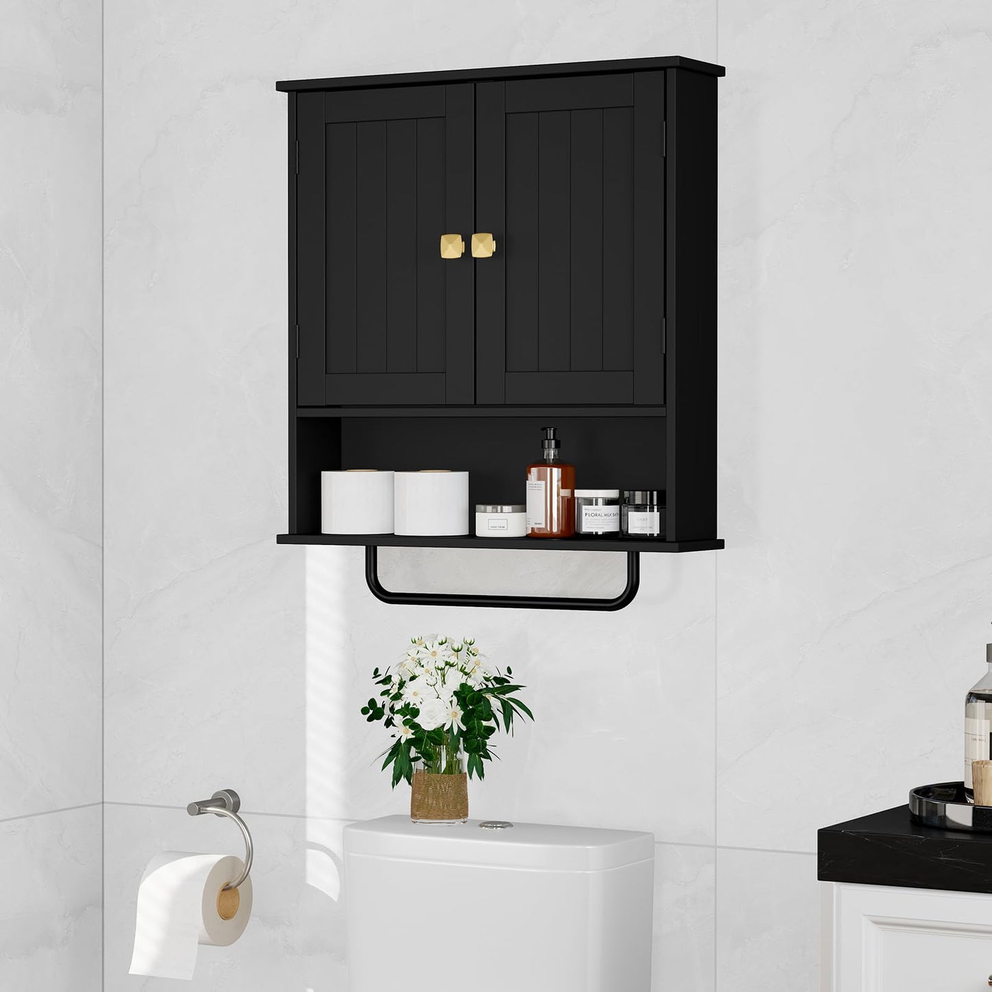 RRX Bathroom Cabinet Wall Mounted Medicine Cabinets with Towels Bar, Over The Toilet Storage Cabinet with 2 Doors and Adjustable Shelf, White Wall Cabinet for Bathroom Laundry Kitchen (Black)