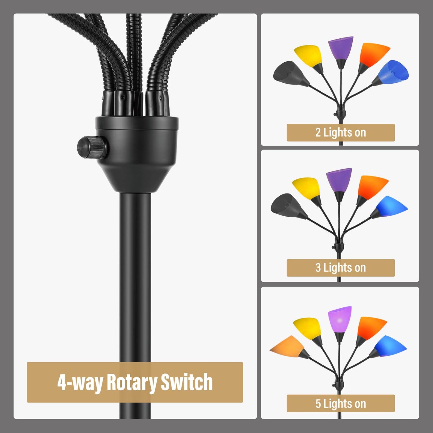 lianheng Medusa Floor Lamp, Multi Head 5 Light Floor Lamp for Bedroom with 10 Lampshade, Adjustable Neck Reading Standing Lamp for Living Room,Office,Kids,Classroom (Black)
