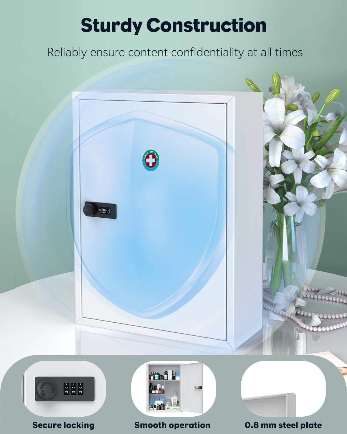 Uniclife Wall Mount Medicine Cabinet with Combination Lock, Locking First Aid Cabinet, Lockable Medical Cabinet, Large Capacity Medicine Organizer, Secure Steel Wall Cabinet Metal Storage Box, White