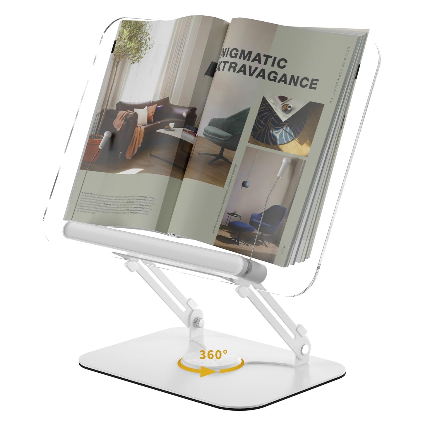 Acrylic Book Stand for Reading,Adjustable Holder with 360° Rotates Base & Page Clips,Foldable Desktop Ricer for Cookbook,Music Scores,Laptop,Tablet,Recipe,Textbook,Magazines