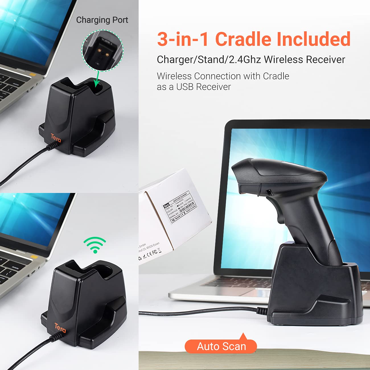 Tera Wireless 1D 2D QR Barcode Scanner with USB Charging Base Handheld Bar Code Reader Scanner Automatic Sensing Fast Precise Scanner HW0005