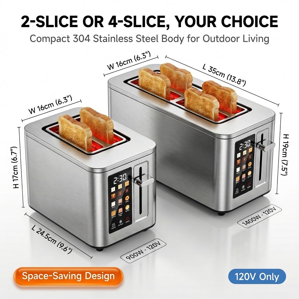 2026 Upgraded TAZTIR Touch Screen Toaster 2 Slice, Premium Stainless Steel Digital Bread Toaster with Timer, 1.5'' Wide Slot, 6 Shade Settings & 6 Bread Types, Bagel Defrost Reheat Cancel Functions