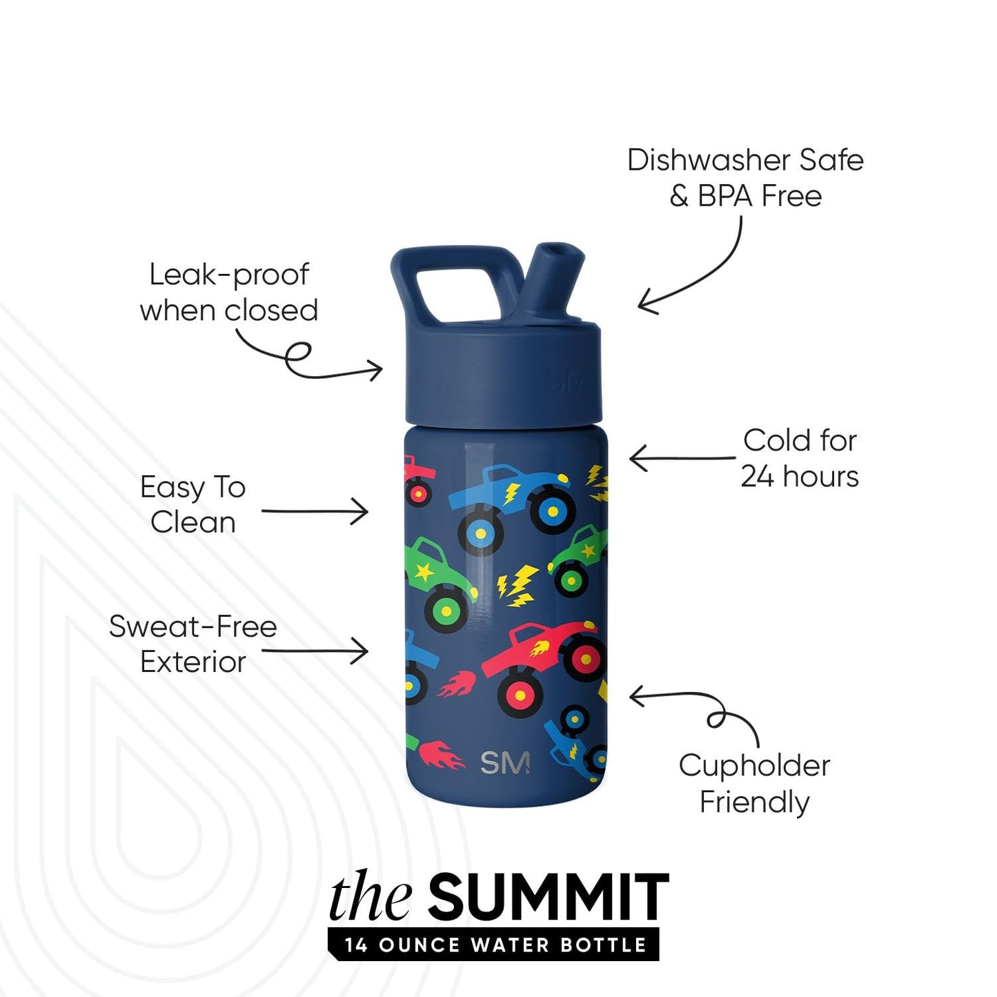 Simple Modern Kids Water Bottle with Straw Lid | 14oz Insulated Stainless Steel Kids Tumbler & Spill Proof Toddler Cup for School, Girls, Boys | Summit | Monster Truck Rally