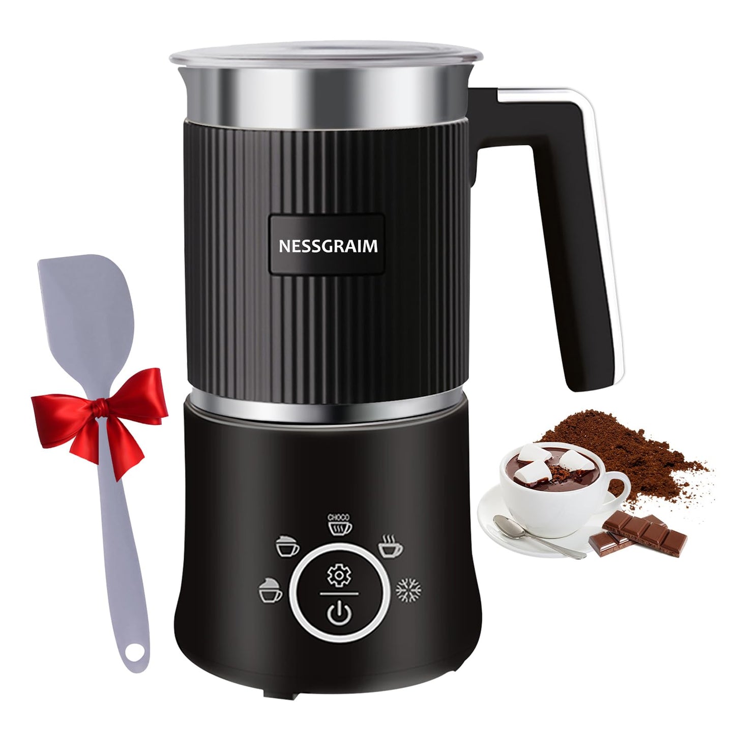 NESSGRAIM 5-in-1 Electric Milk Frother, Automatic Milk Frother & Steamer for Hot & Cold Foam, Large Capacity Milk Warmer for Latte Cappuccino, Hot Chocolate Maker, Dishwasher Safe (Black)