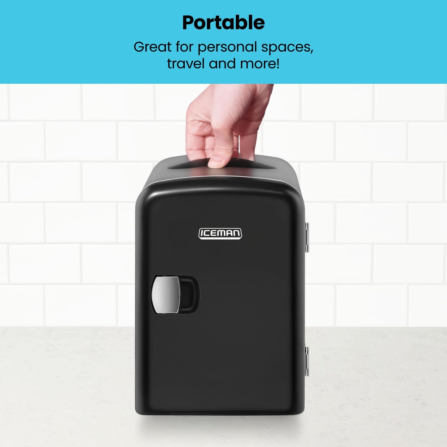 Chefman - Iceman Mini Portable Black Personal Fridge Cools Or Heats and Provides Compact Storage For Skincare, Snacks, Or 6 12oz Cans W/A Lightweight 4-liter Capacity To Take On The Go