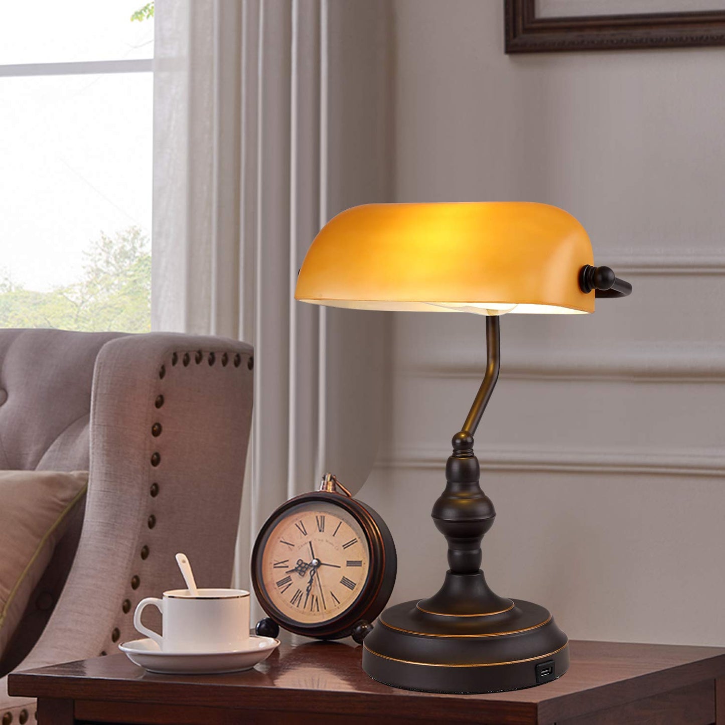 Liylan Banker Desk Lamp Touch Control, Vintage Banker's Desk Lamp with USB-A Port, 3 Way Dimmable Desk Lamps, Farmhouse Library Lamp Oil Rubbed Bronze for Office, Study Room