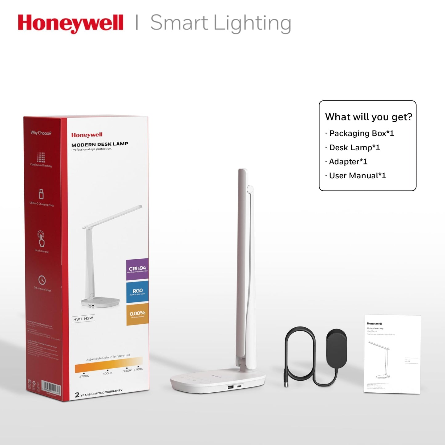 Honeywell HWT-H2 LED Desk Lamp, CRI94 Full Spectrum Eye-Caring Table Light, Foldable Dimmable 4 Color Modes with USB A+C Charging Ports for Home Office Bedroom Reading Study Work (White)