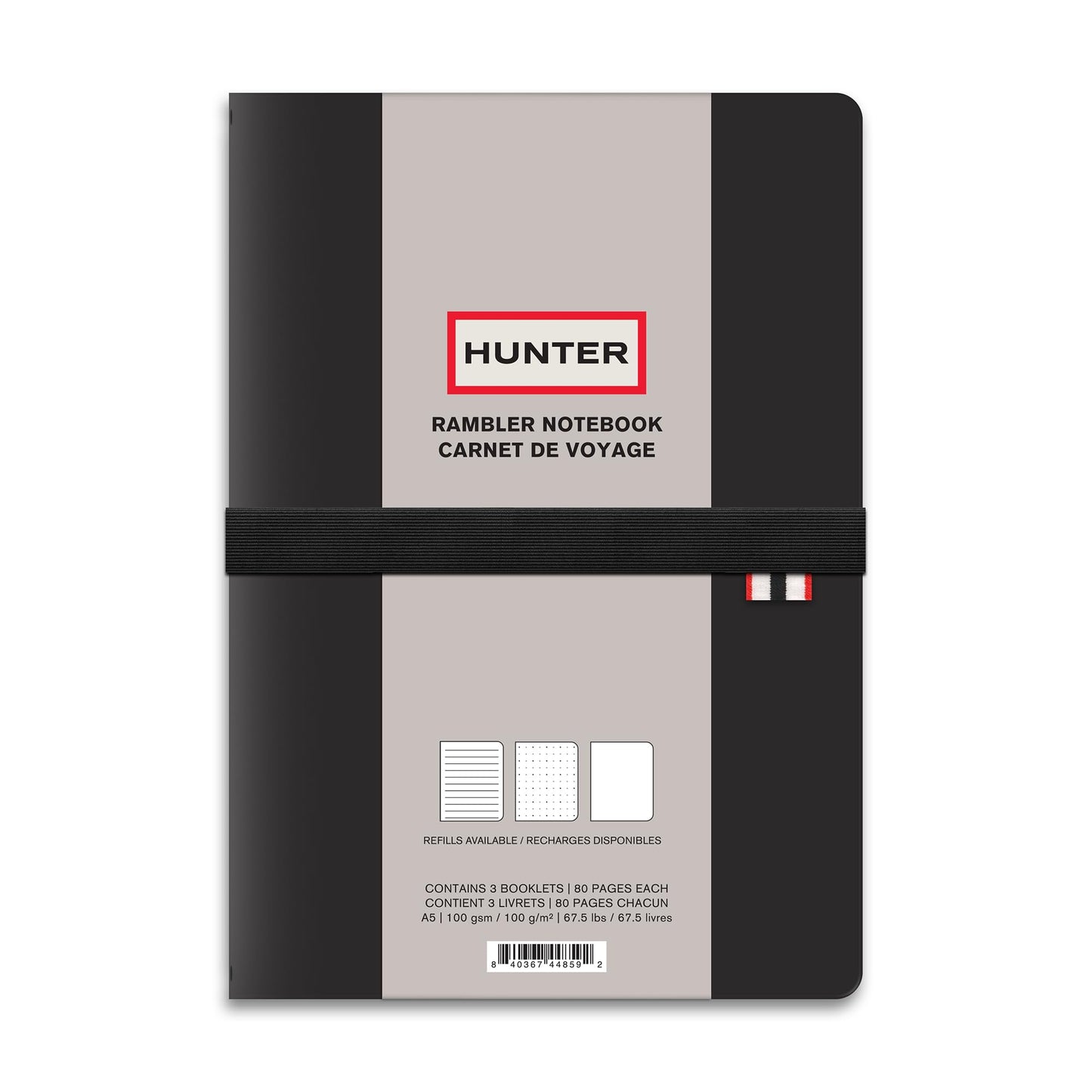 Hunter - Rambler Refillable Notebook, 8.6” X 6” Book with 3 A5 Booklets, 80 Pages Each of Lined Paper, Dot Grid, & Blank Pages for Drawing or Journaling, Elastic Band & Inside Pocket, Black
