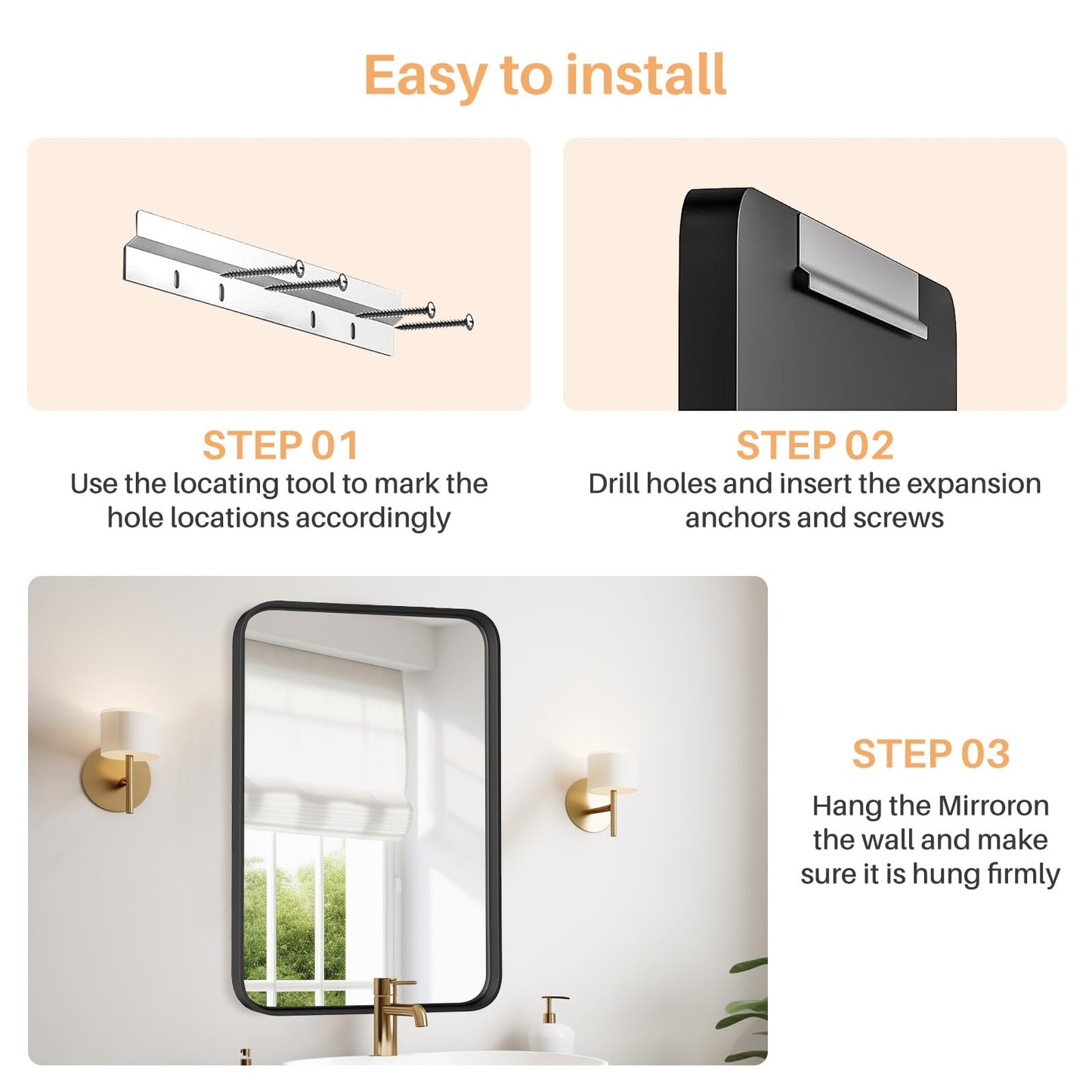 Bathroom Mirror for Wall, 36x24 Inch Rounded Rectangle Mirror, Black Metal Framed Bathroom Vanity Mirror for Restroom Farmhouse, Anti-Rust, Tempered Glass, Horizontally or Vertically Hanging