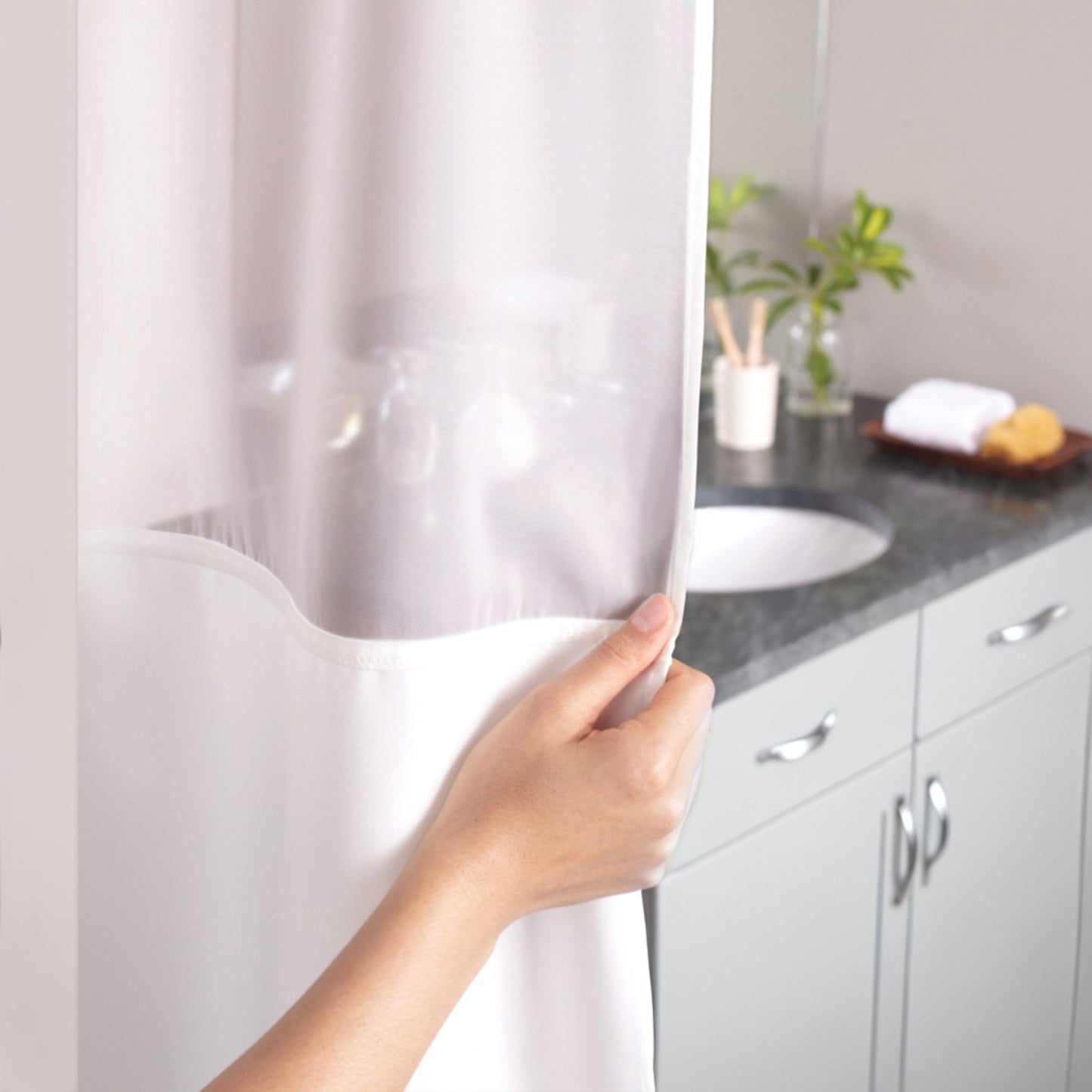 Hookless It's A Snap! 3-in-1 Shower Curtain With Waffle Fabric, Sheer Top Window, Flex-On Rings & Liner, 71" x 74", White