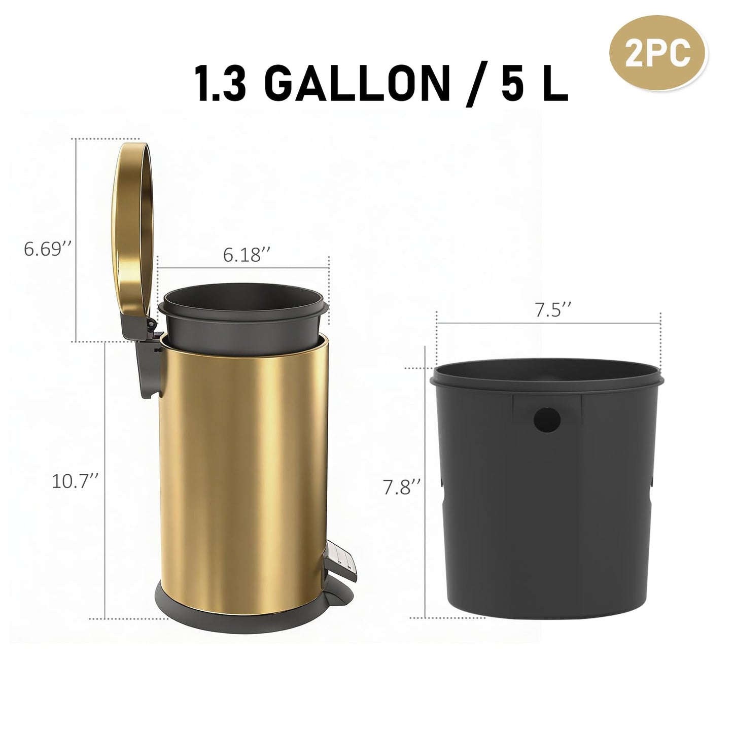 SIMPLYKLEEN Bathroom Trash Can with Lid - 2PC 1.3 Gallon/ 5L Oval Small Trash Can with Soft-Close Lid, Foot Pedal, Brushed Stainless Steel, Removable Liner, Garbage can for Kitchen, Office, Home Gold