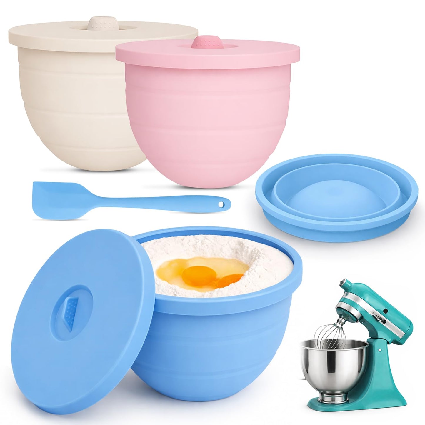Set of 3 Silicone Bowl Liners for KitchenAid 5 Qt Stand Mixer with Lids, 3mm Thick Non-Stick Silicone Mixer Bowl Insert, BPA Free, Dishwasher Safe Stand Mixer Bowl Liners & Spatula