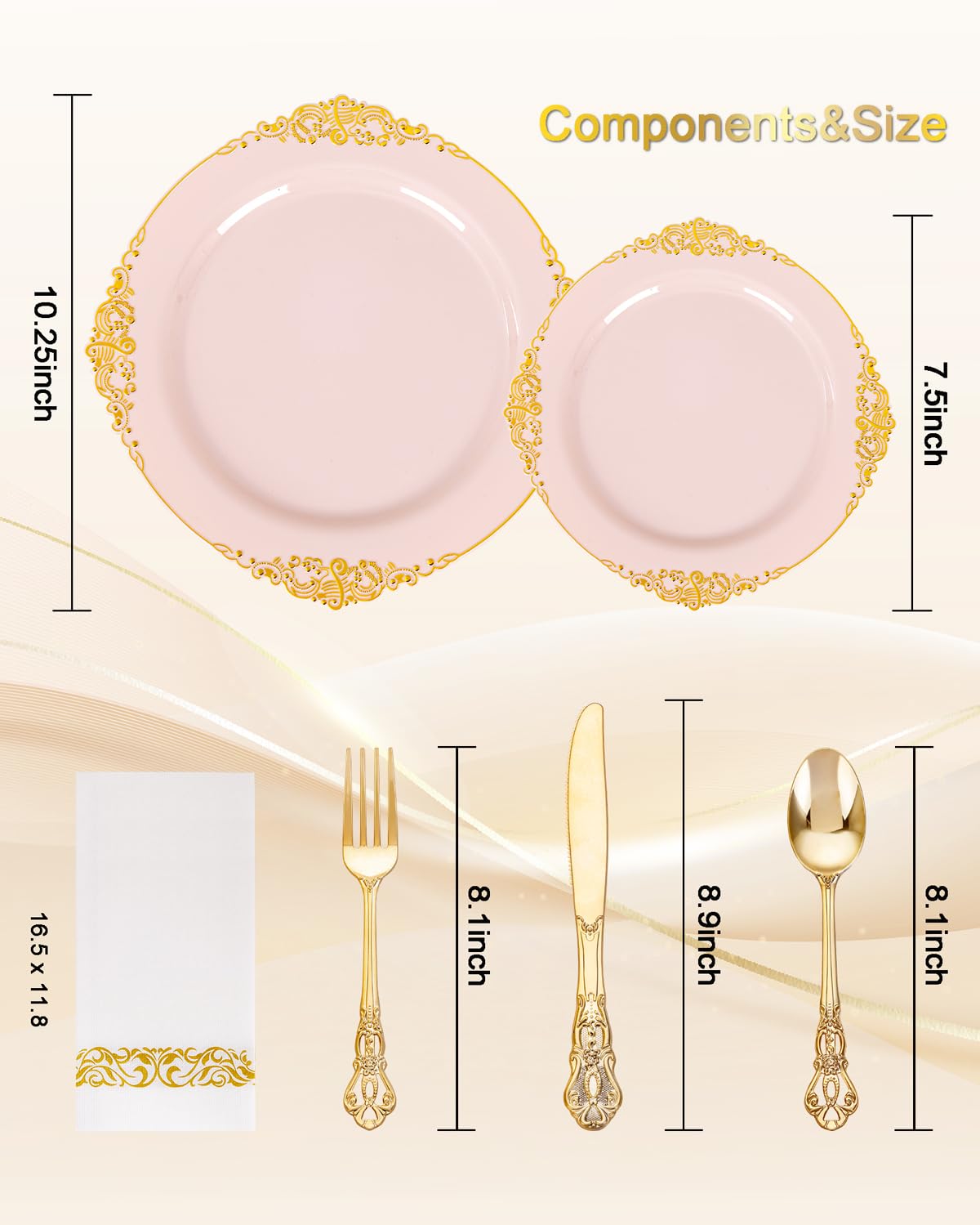 Ciaell 300PCS Pink and Gold Plastic Plates - Pink Disposable Dinnerware Sets for 50 Guests - 100 Plates, 50 Knives, 50 Forks, 50 Spoons, and 50 Napkins for Wedding, Party