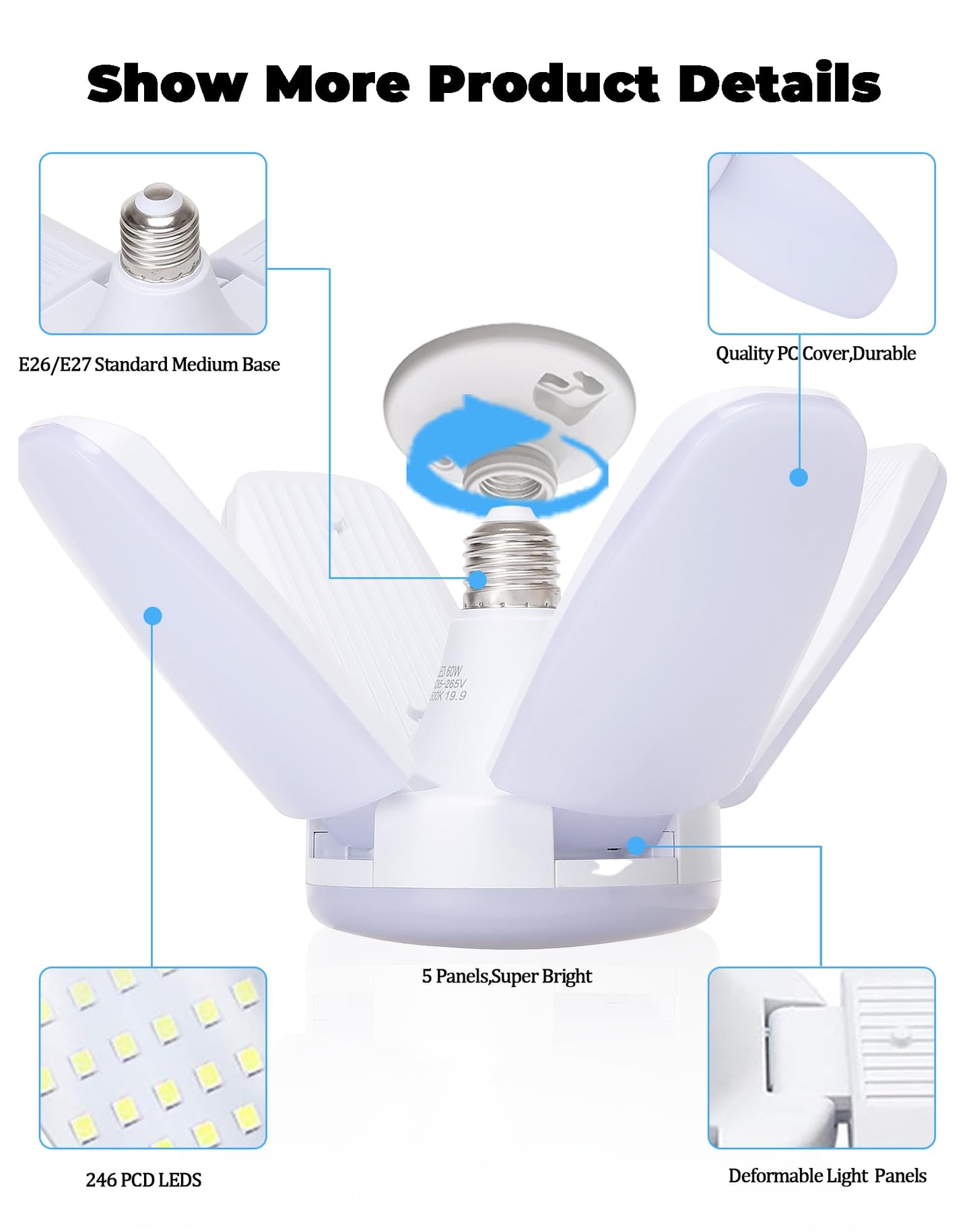 4 Pack LED Garage Lights, 6000LM 60W Deformable Shop Light with 4 Adjustable Panels, 6000K Garage Lights Ceiling Led, E26 Base - 360° Foldable Design for Warehouse/Basement/Workshop