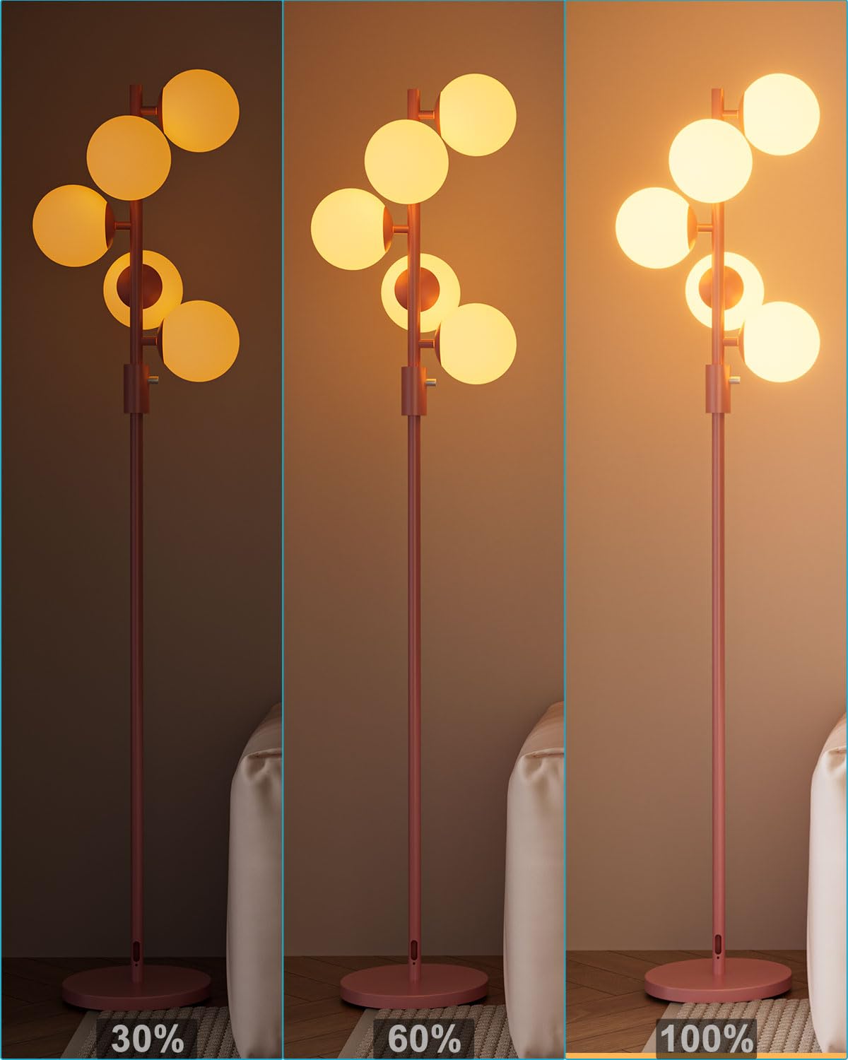 ACOHOOK 64IN Dimmable Pink Floor Lamp, Tall Standing Lamps with 5 Globe Soft Warm White Eye Care 3000K G9 Bulbs, Mid Century Modern Floor Lamp with 5Lbs Heavy Base for Living Room Bedroom Office