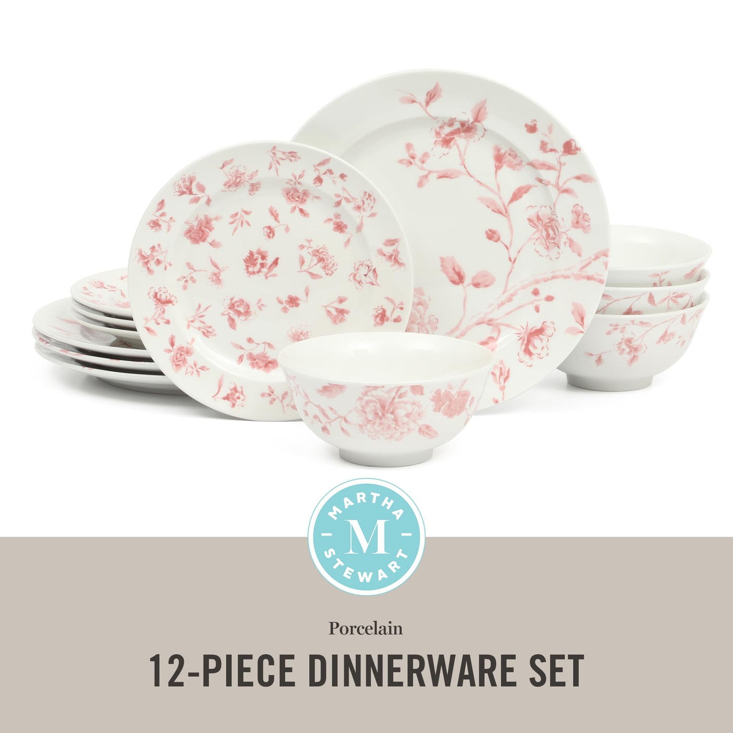 Martha Stewart Empress Bouquet 12-Piece Decorated Porcelain Chip and Scratch Resistant Dinnerware Plates and Bowls Set - Pink Floral