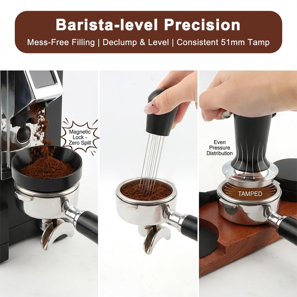 25 Pcs Professional Espresso Coffee Barista Accessories Set, 51mm Spring Loaded Tamper, WDT Tool, Coffee Distributor, Magnetic Dosing Funnel, Puck Screen, Wooden Tamper Station