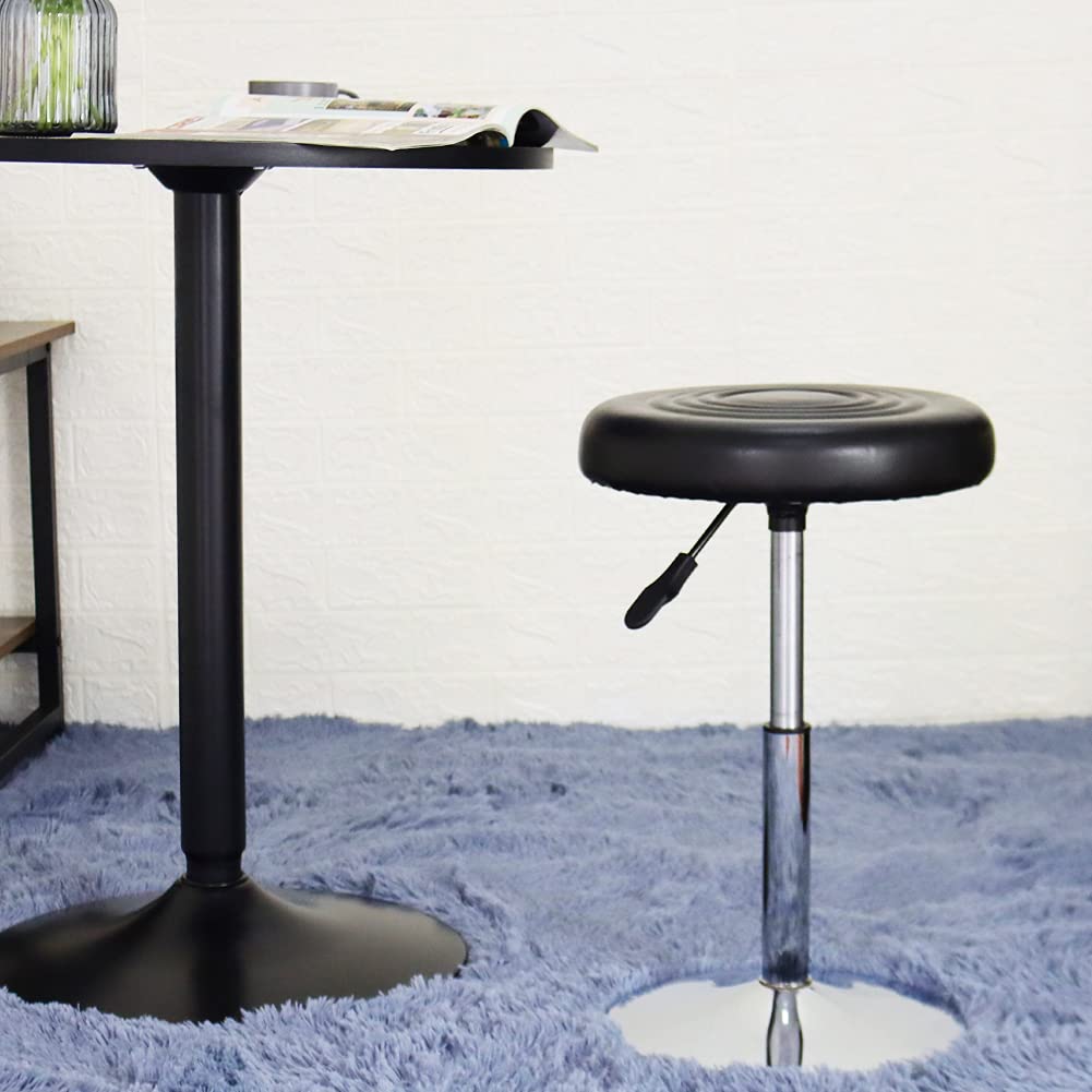 FURWOO Short Round PU Leather Chair - Height Adjustable Counter Stool With Step - Office and Vanity Seat - Small Black