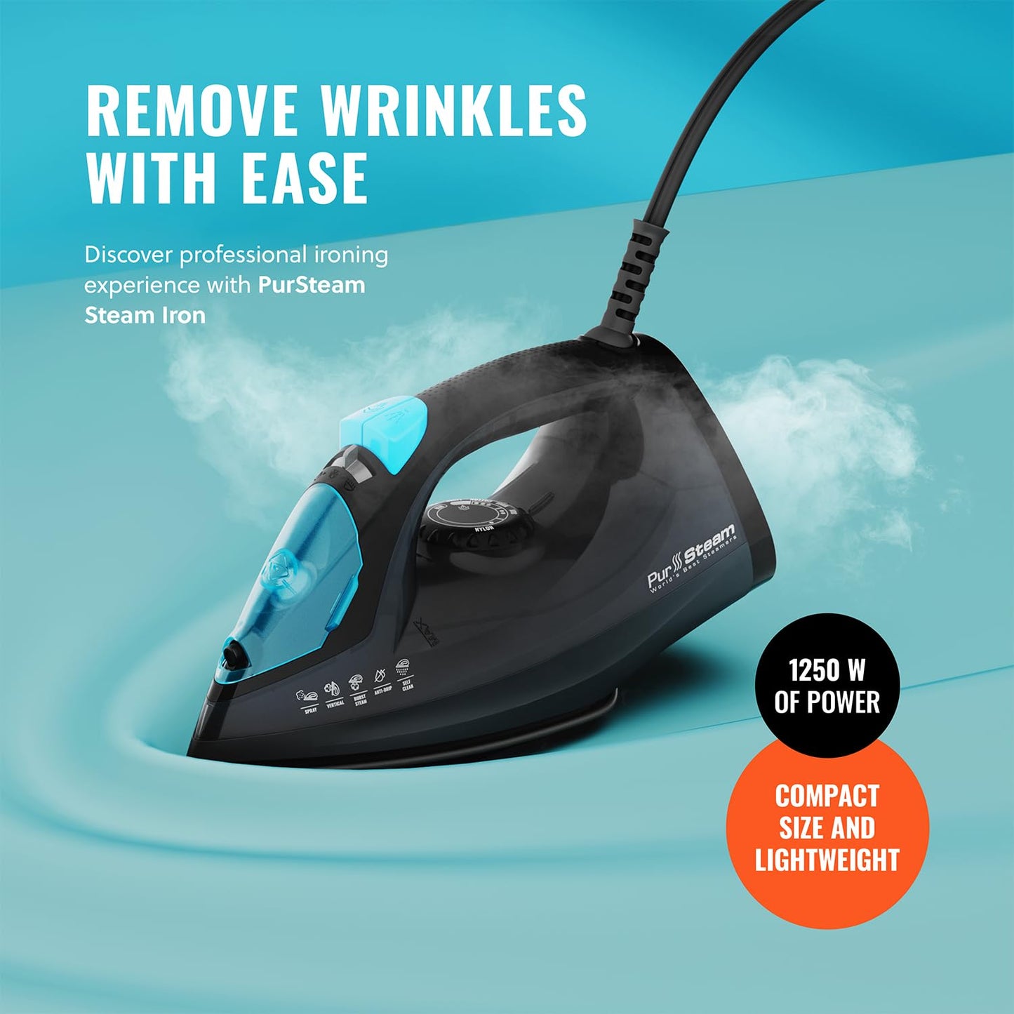 PurSteam Professional 1250W Steam Iron | Powerful Steamer with Burst of Steam & Spray | Non-Stick Soleplate, Easy Temperature Control & Auto Shut-Off