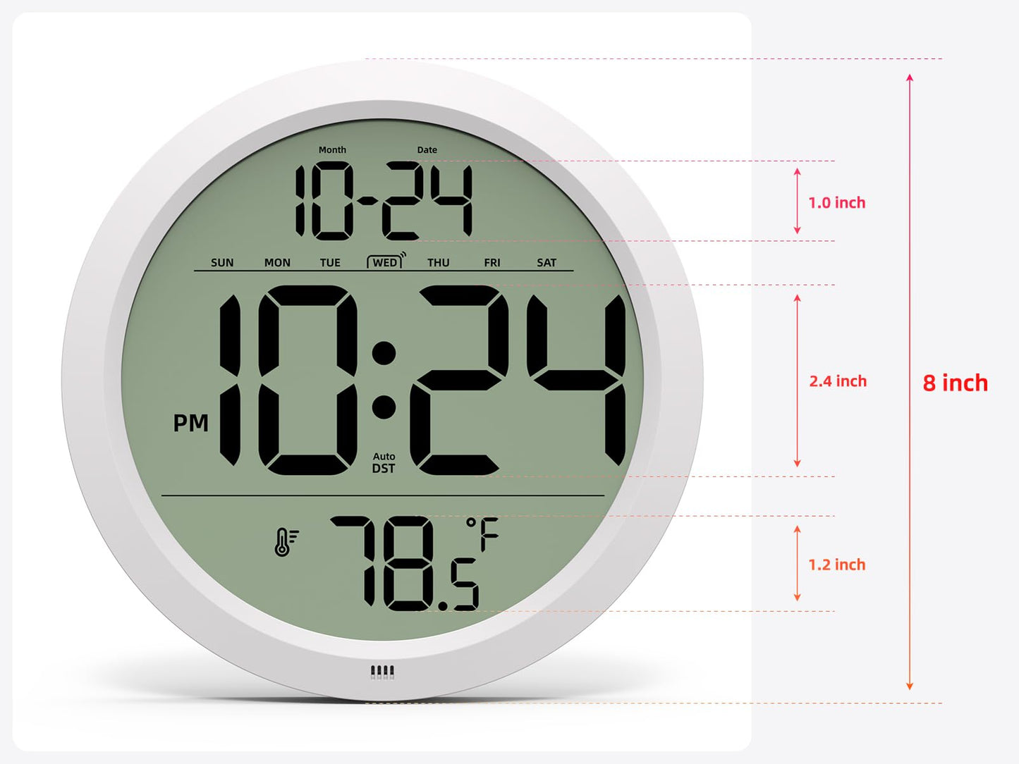 Digital Wall Clock Battery-Operated, 8 Inch Small Decorative Modern Wall Clock with Date, Temperature, Auto-DST, Silent Electric Wall Clock for Bedroom, Living Room, Kitchen, Office, Farmhouse - White