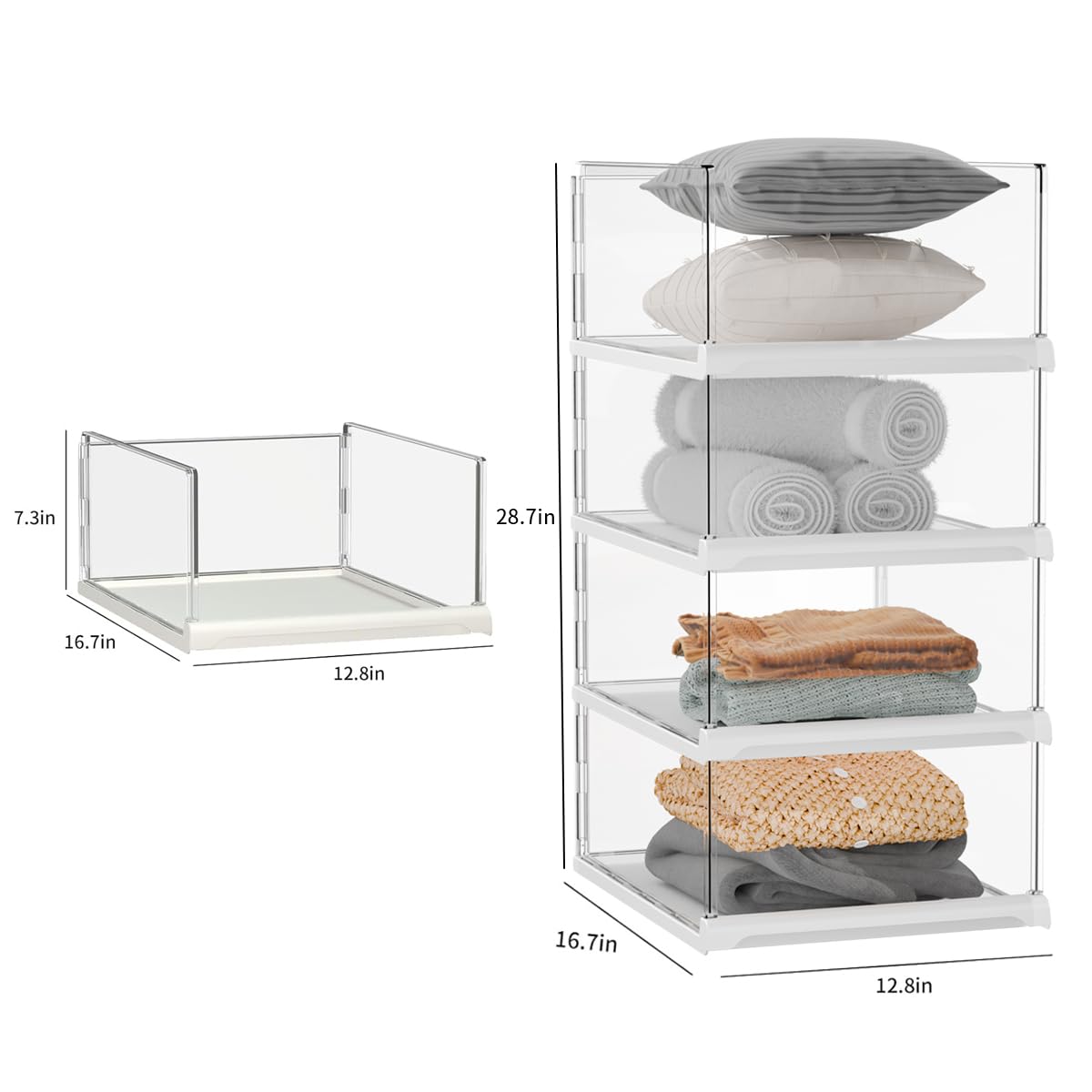 Vaela 4 Pack Stackable Closet Organizers and Storage Shelves,Transparent Multifunctional &Foldable Sweater Storage for Closet, Bathroom, Kitchen, Cupboard, Laundry Room, and Office