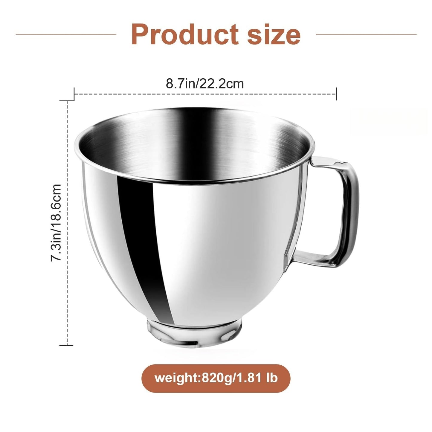 5 Quart Stainless Steel Mixer Bowl Compatible with KitchenAid 4.5 & 5 QT Tilt-Head Stand Mixers, Durable KitchenAid Replacement Bowl, Mixer Accessories for Baking & Cooking