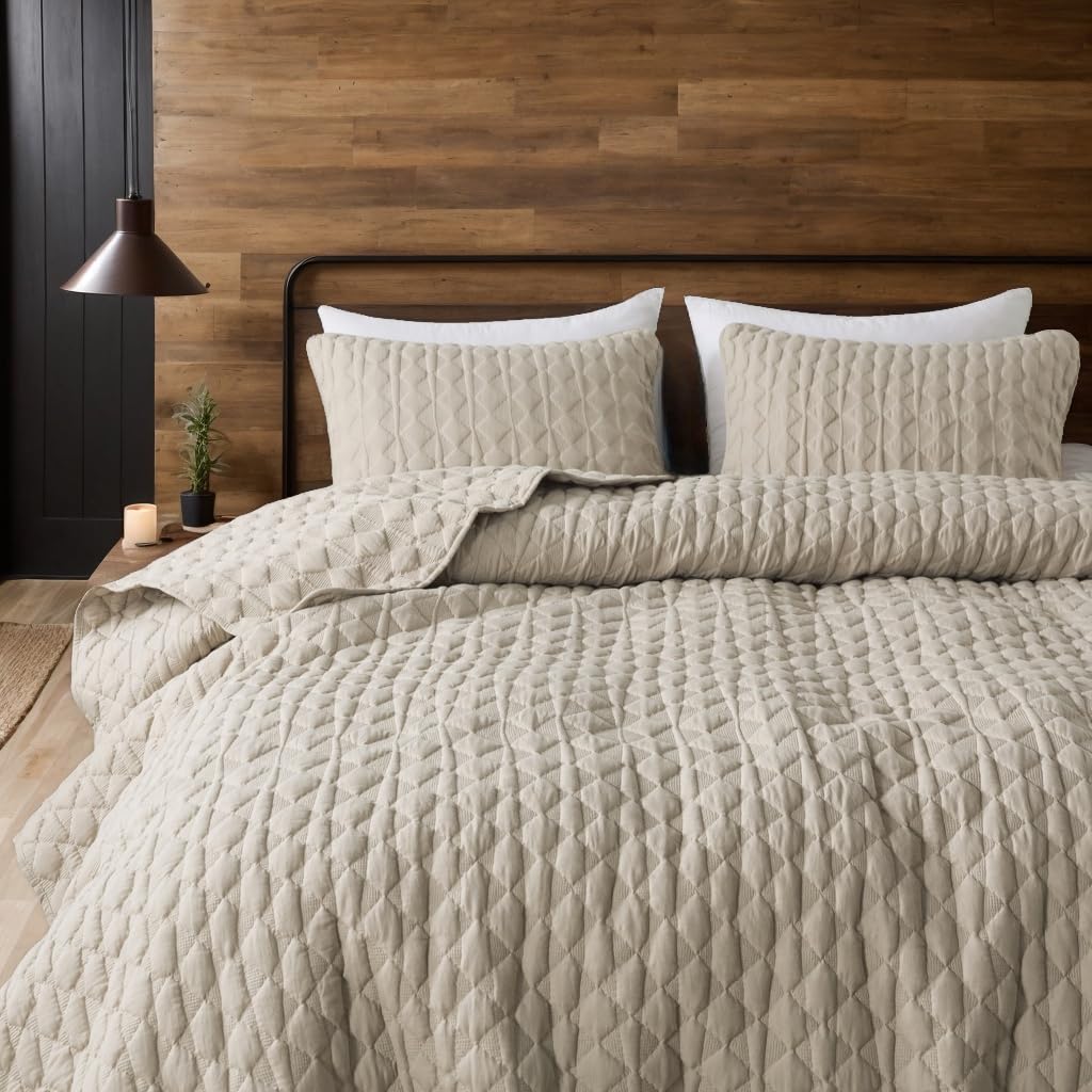 Beige Quilt King Size Bedding Sets with Pillow Shams, Lightweight Soft Bedspread Coverlet, Quilted Blanket Thin Comforter Bed Cover, All Season Summer Spring, Tan Cream, 3 Pieces, 104x90 inches