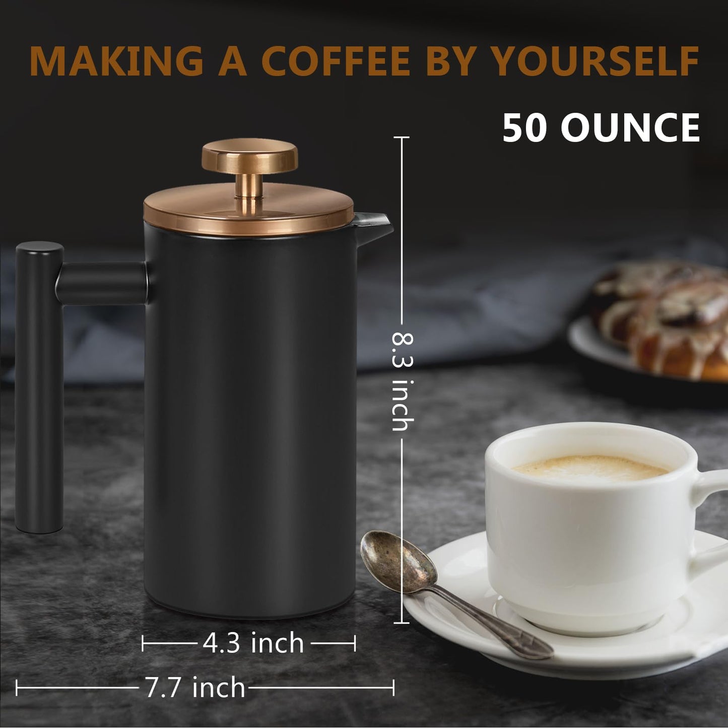 WORBIC Black Large French Press Coffee Maker 50oz, Double Wall Insulated French Press Stainless Steel,for Coffee&Tea,with 3 Extra Screens and a Coffee Spoon, 50oz/1500ml, Gold
