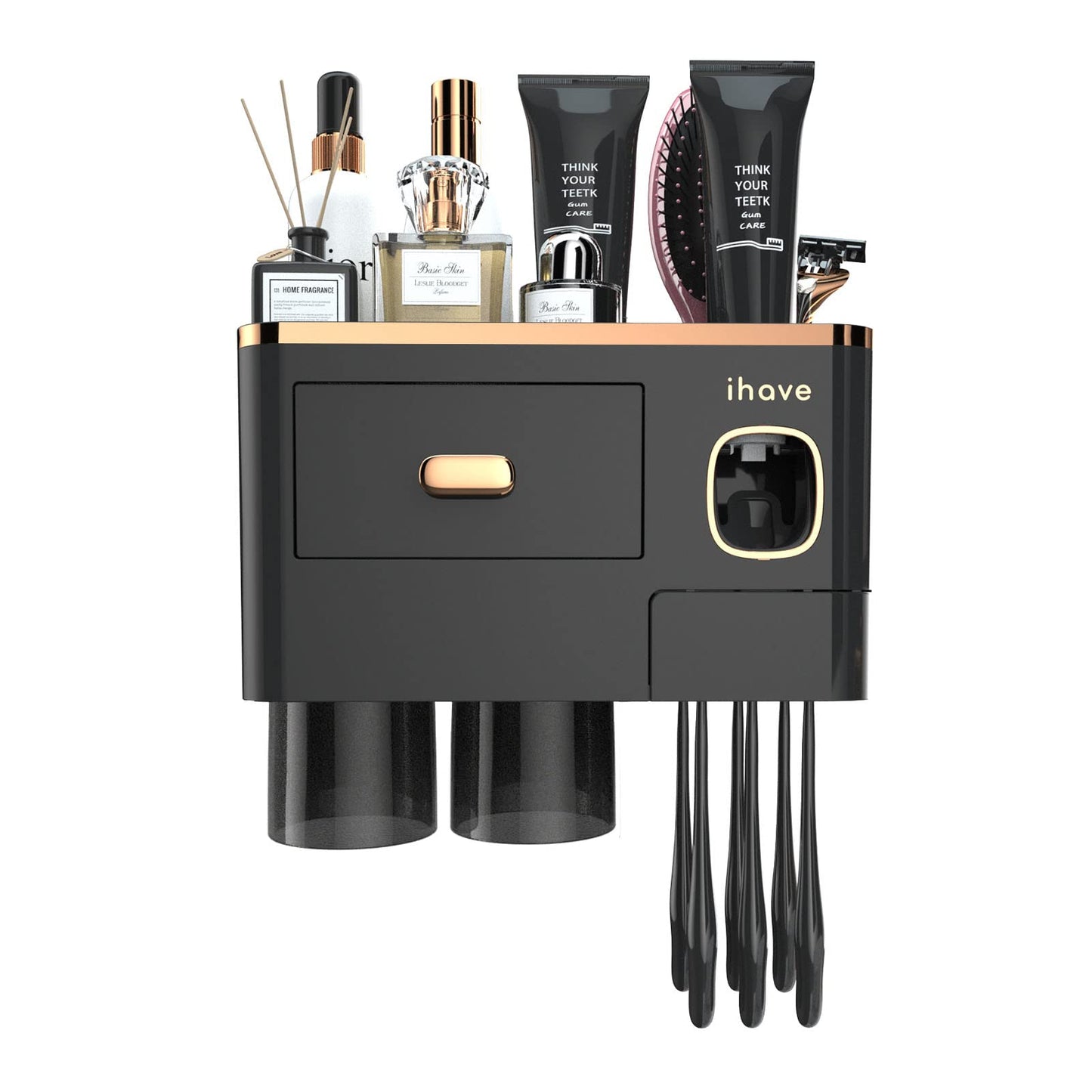 iHave Toothbrush Holders Wall Mounted with Toothpaste Dispenser & 2 Cups - Luxury Black and Gold Design for Bathroom Decor, All-in-One Bathroom Organizers & Storage for Toothbrushes and Accessories