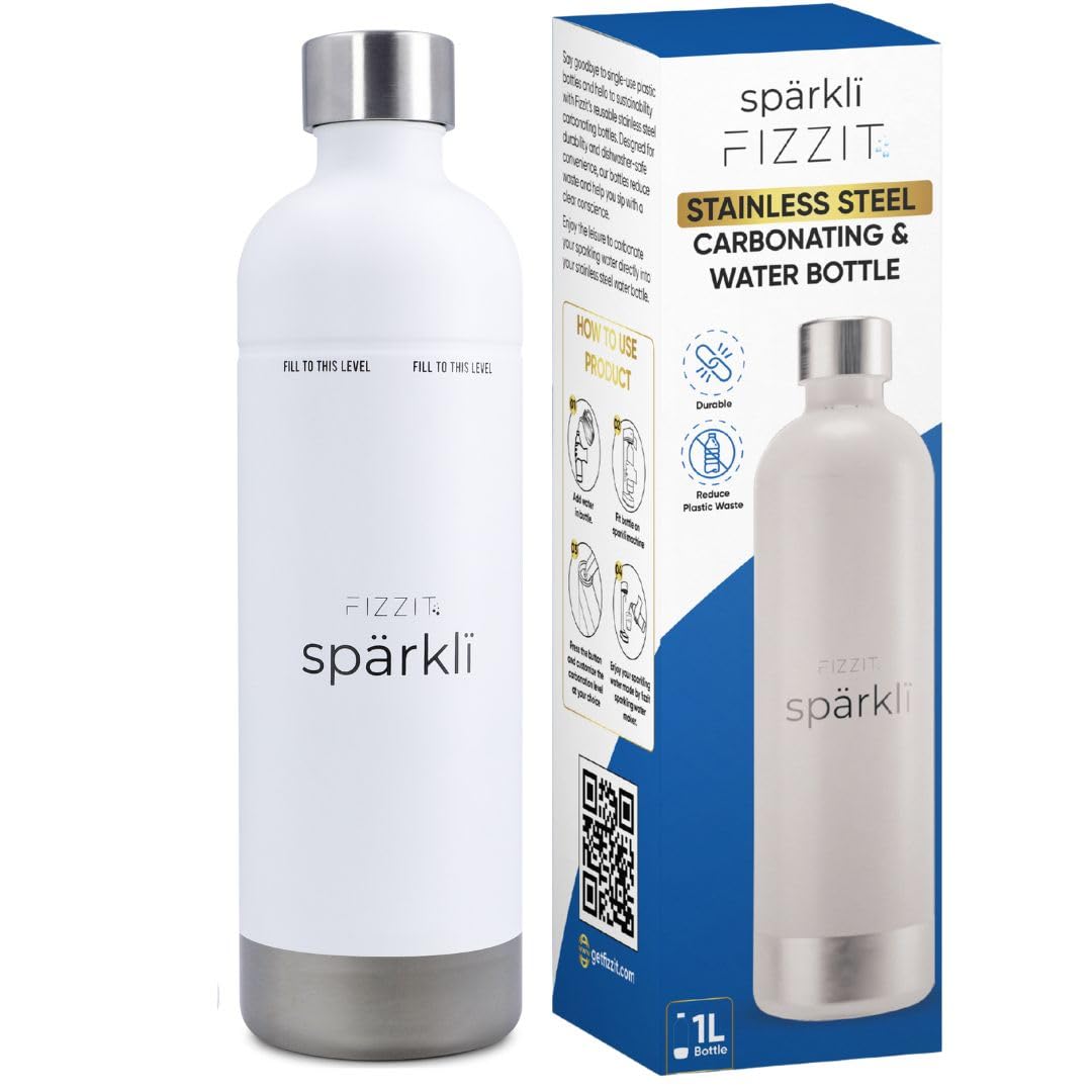FIZZIT Spärkli 1L Stainless Steel Carbonating Bottle | Compatible with Aarke II & III, Philips GoZero & Monten Soda Makers | Reusable Sparkling Water Bottle, Dishwasher Safe, BPA-Free-Eco-Friendly