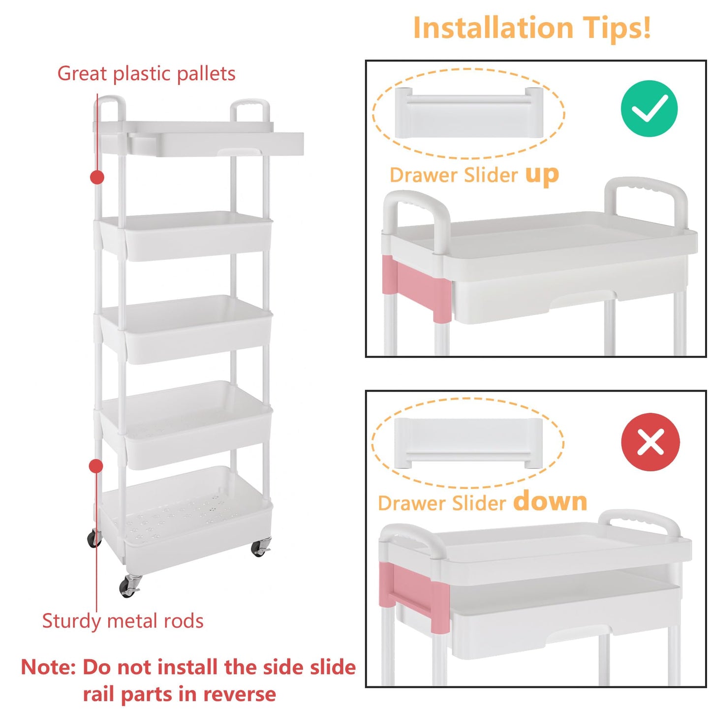 Calmootey 5-Tier Rolling Utility Cart with Drawer,Multifunctional Storage Organizer with Plastic Shelf & Metal Wheels,Storage Cart for Kitchen,Bathroom,Living Room,Office,White